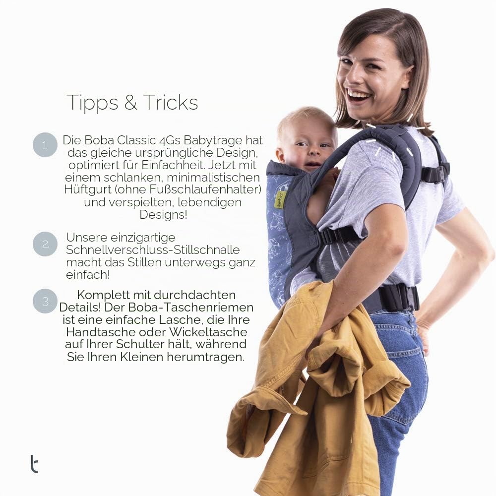 Boba Classic Babytrage ab Geburt, 3-20 kg, Marineblau | Komforttrage mit Schnellverschlüssen, Ergonomische Bauch- oder Rückentrage, den ganzen Tag die Hände frei.