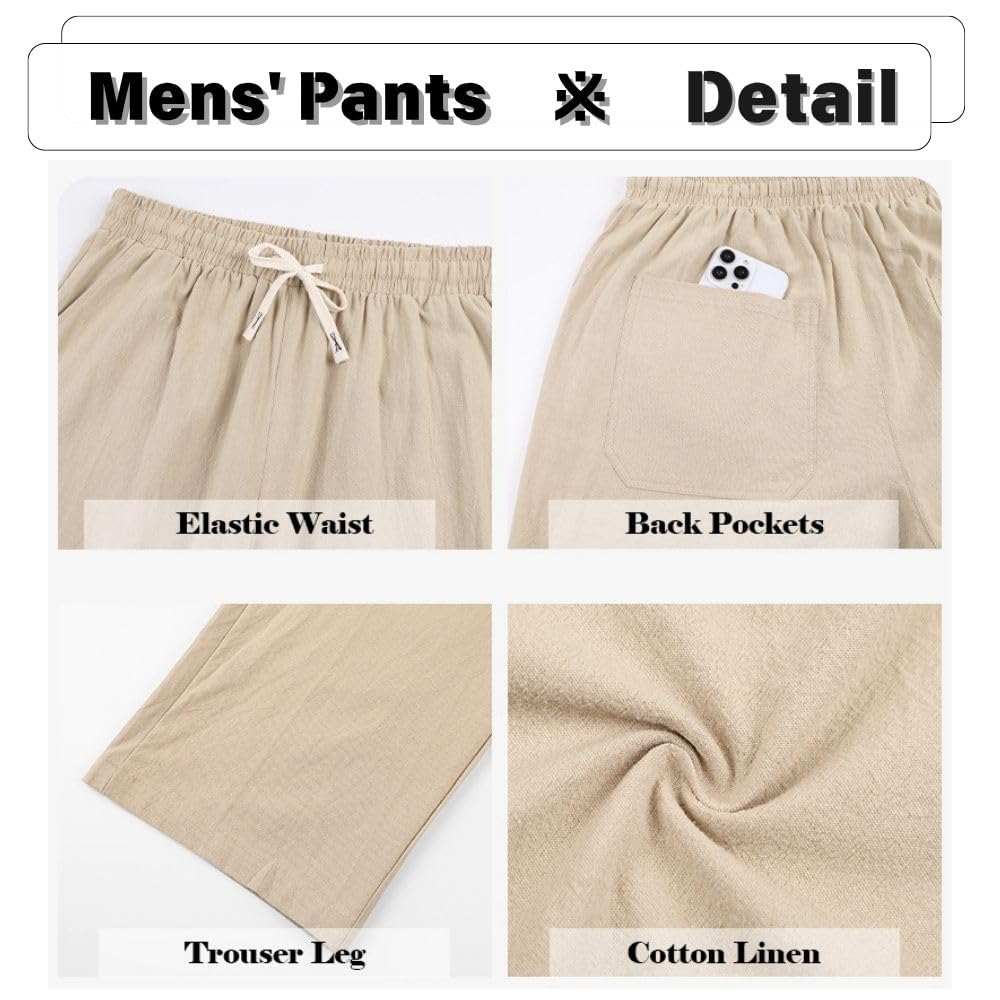 Pantaloni estivi da uomo in lino, con coulisse, leggeri, vestibilità larga, da spiaggia, casual, in cotone