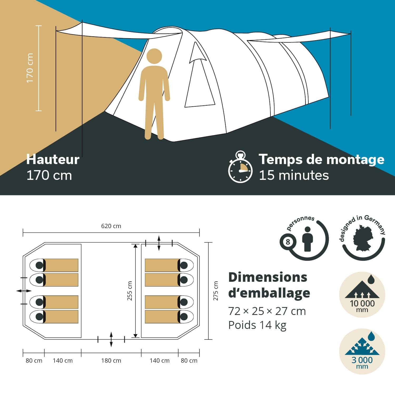 Skandika Kambo Tente Tunnel pour 6 Personnes | Cabine Sombre avec revêtement argenté, Colonne d'eau de 3000 mm, 3 entrées, Marquise, avancée, avec Tapis de Sol | Tente de Camping