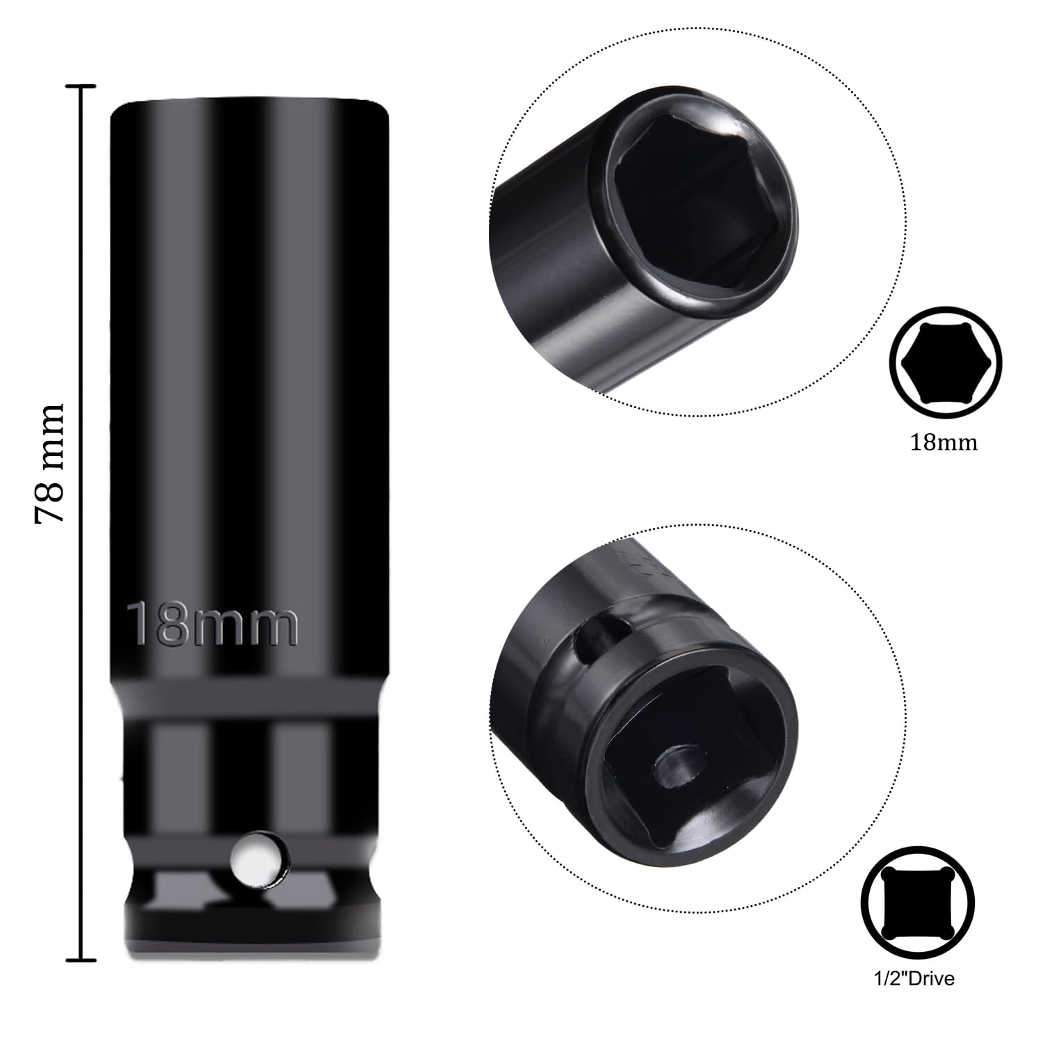 Juttzzei 1/2 Inch Drive 18mm Deep Impact Socket - Heat-Treated CR-V Steel, 78mm Length, 6-Point Metric Sizes for Car & Home Repair - Image 2