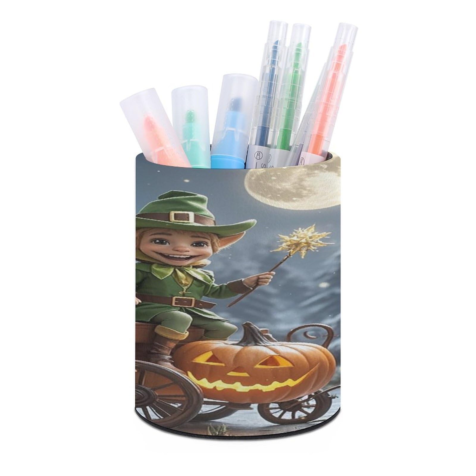 FekiLoot Dog Holding Pumpkin Lantern Pen Holder Cup Fashion PU Leather Pencil Cup Minimalist Pen Organizer Round Pencil Holder Stand Work Locker Accessories for Decoration Desk Office Home