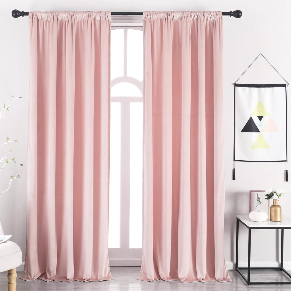 nanbowang Pink Velvet Curtains - 52"x 120" Soft Rod Pocket Thermal Insulated Window Treatment for Bedroom Living Room Light Filtering Drapes 2 Panels