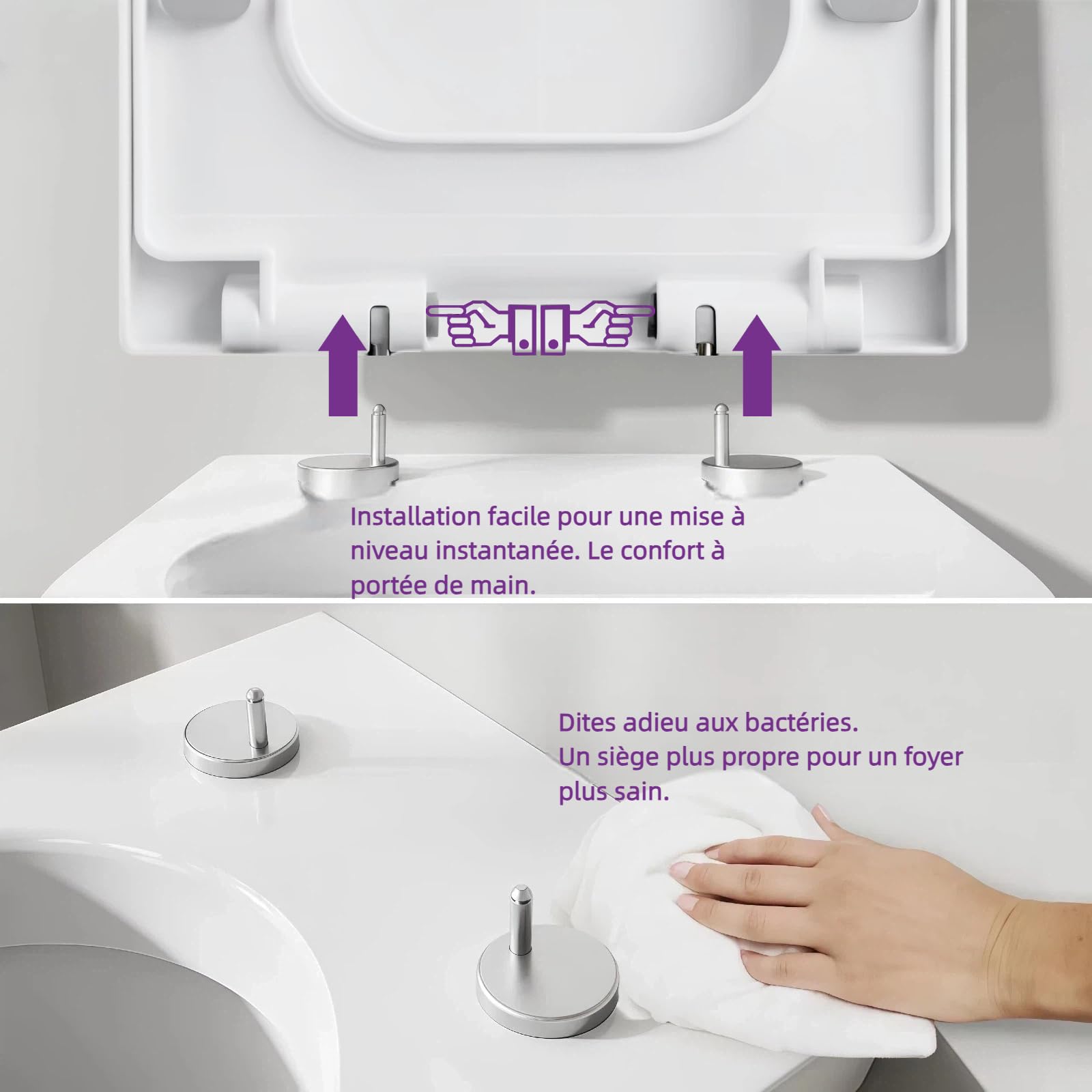 Abattant WC Forme Carrée, Cuvette Toilette avec Frein de Chute, Lunette WC Blanche, Siège de Toilette Universel, Testée jusqu'à 150kg