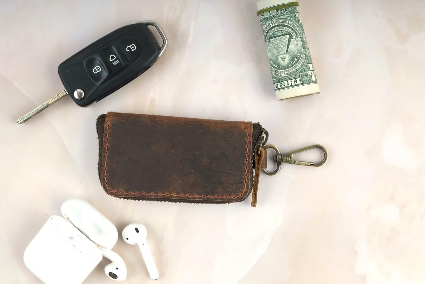 Handmade Full Grain Leather Car Key Holder & Zippered Coin Purse | Belt Loop Key Chain, Compact Earphone Holder, Multi-Functional Money Purse, Elegant Leather Accessory, Versatile Key Organizer - Image 5