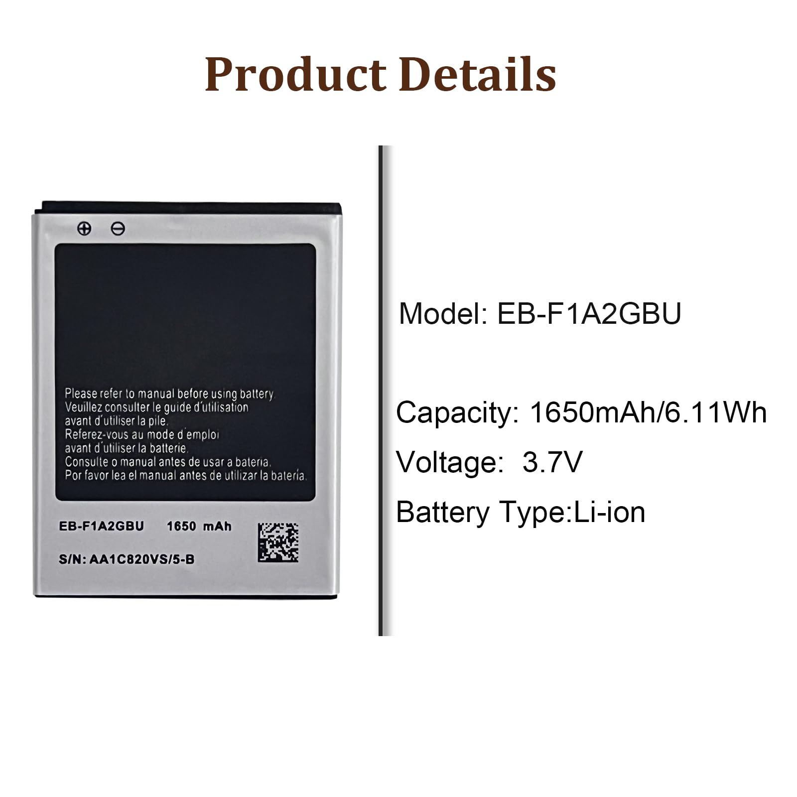 Batería de repuesto EB-F1A2GBU compatible con Galaxy S II Galaxy S II LTE Galaxy R Galaxy S2 Plus i9050 i9108 i9100 i9103