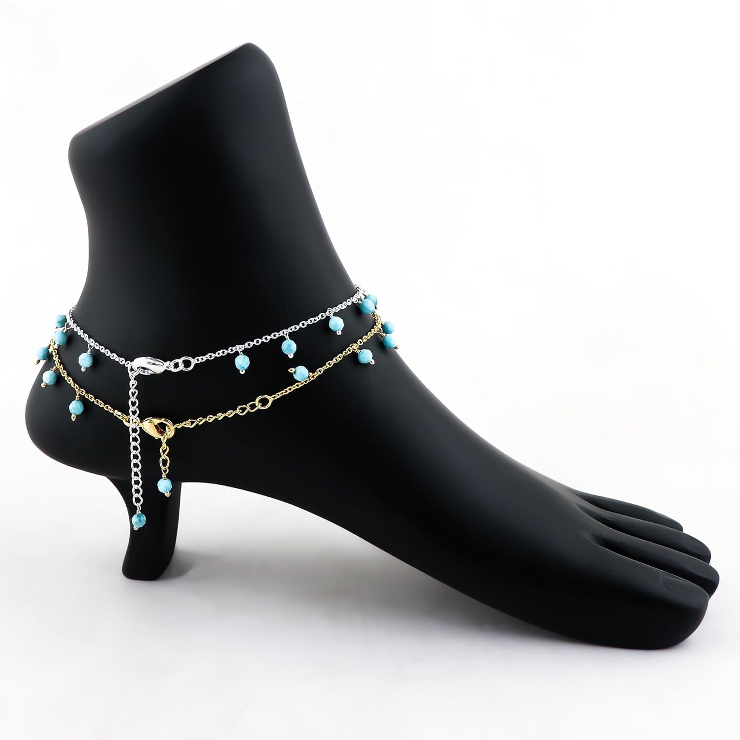 JOR Natural Larimar Beaded Rosary Anklet, Handmade Craft, Anklet Beads Bracelet, Chakra Healing, Gemstone Women Jewelry, Dainty Gold and Silver Plated Combo Anklet 9 inch + 1.5 inch (2pcs) - Image 5