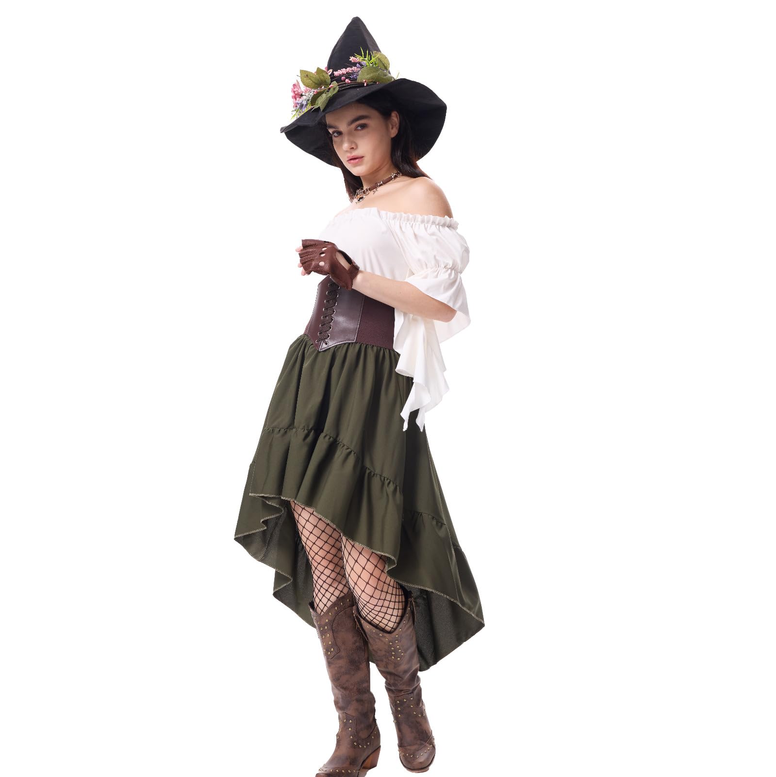 Ansenesna Halloween Kostüm Damen Set Piratenkostüm Damen Komplett Set | Hexenkostüm Mittelalter Kleidung Mieder Bluse Kurzarm Schulterfrei Rock Kurz Gothic Kleidung Vintage Elegant Faschingskostüme