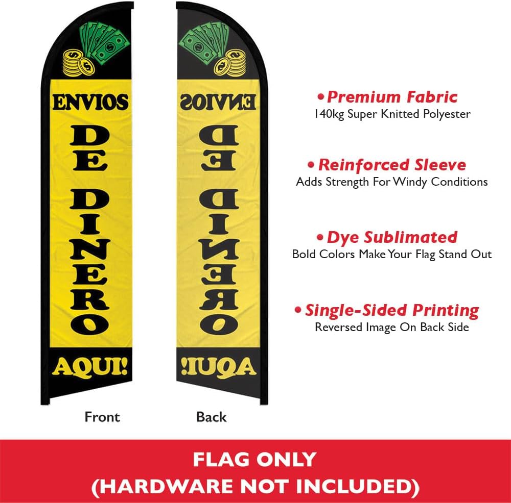 Envios De Dinero Aqui Windless Full Sleeve Banner Swooper Flag - Perfect for Businesses, Stores, Shops, etc