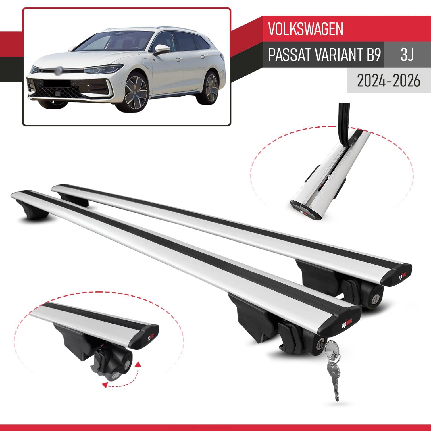 Compatibile con Volkswagen Passat Variant B9 (3J) 2024-2026 Modello HOOK Barre Tetto Portapacchi Auto Barre Portatutto Grigio Alluminio 2 Barre