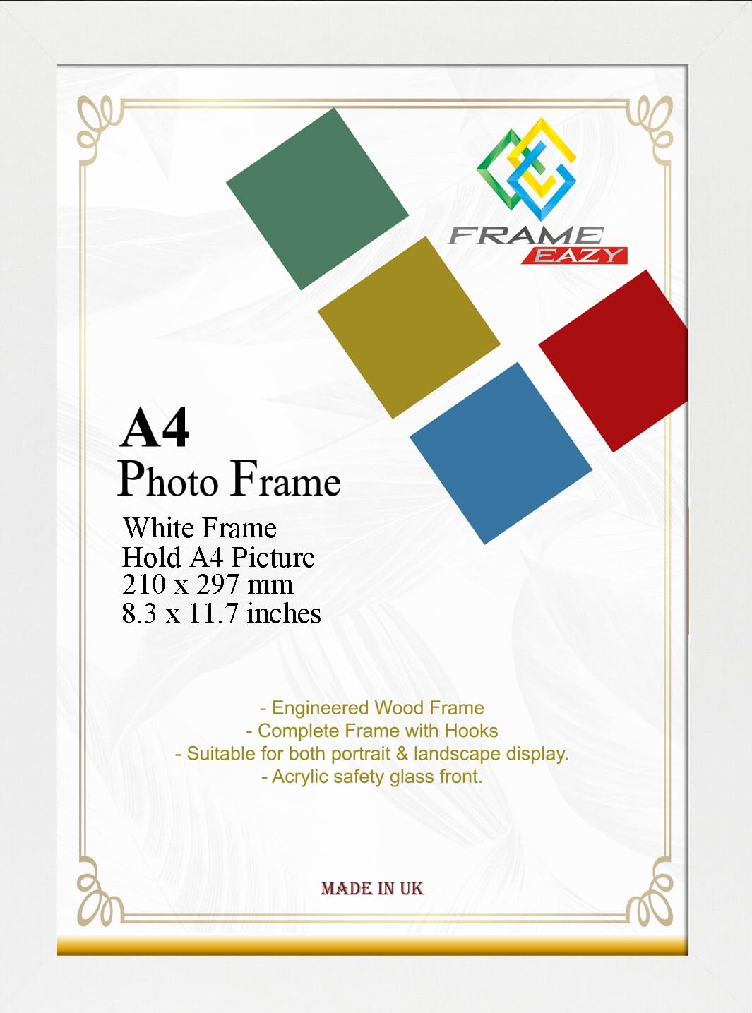 FRAME EAZY Modern White A4 Photo Frame in Size 29.7 x 21cm Picture Frames - A4 Certificate Frame - Picture Frame - White Frame with Clear Safe Perspex Front & Wall Mounted Hooks & Stand
