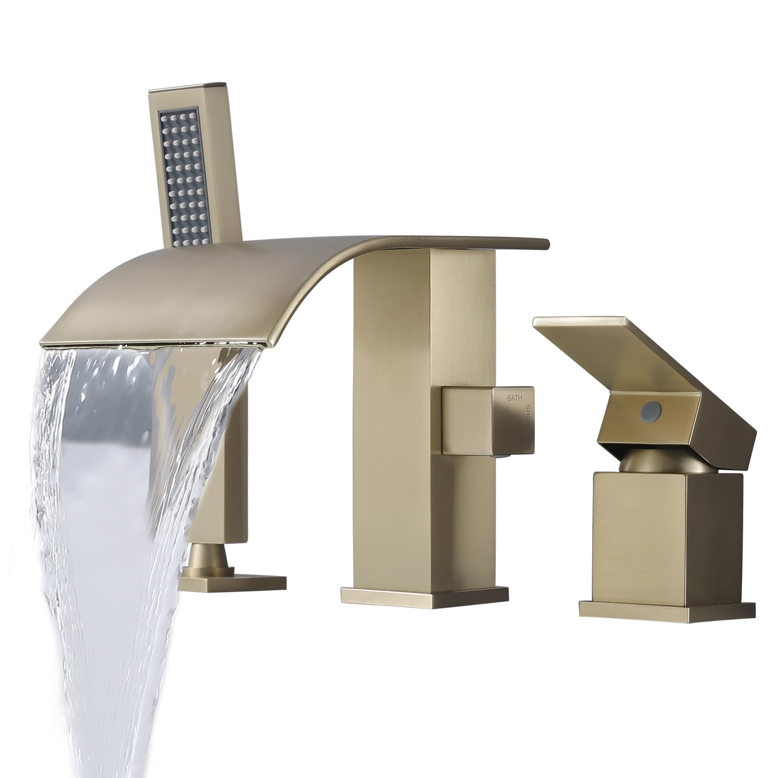 Photo 1 of FSCEPIXI Waterfall Roman Tub Faucet with Hand Shower, Deck Mount Tub Filler Bathtub Faucet with Sprayer, Brass Widespread 3 Hole Bathtub Shower Faucet Set, Brushed Gold