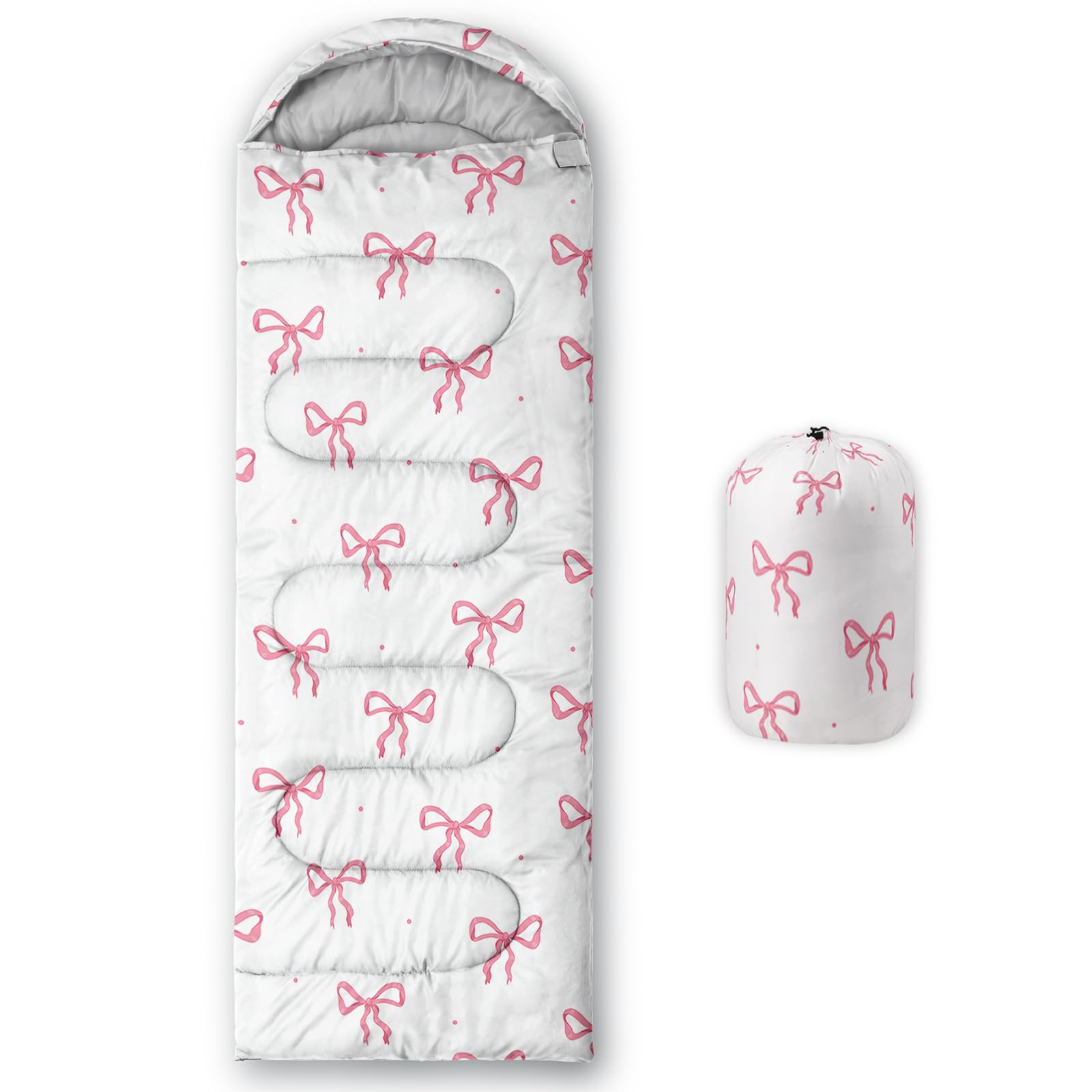 QOOMO Kawaii Bow Printed Camping Sleeping Bags,3 Season Warm & Cool Weather,Lightweight,Waterproof Sleeping Bags for Adults & Kids,Traveling,and Outdoors,Camping Gear Equipment,31x90inch