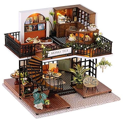 CUTEBEE Dollhouse Miniature with Furniture, DIY Wooden Dollhouse Kit Plus Dust Proof, Creative Room Idea(Forest Tea Shop) Cover