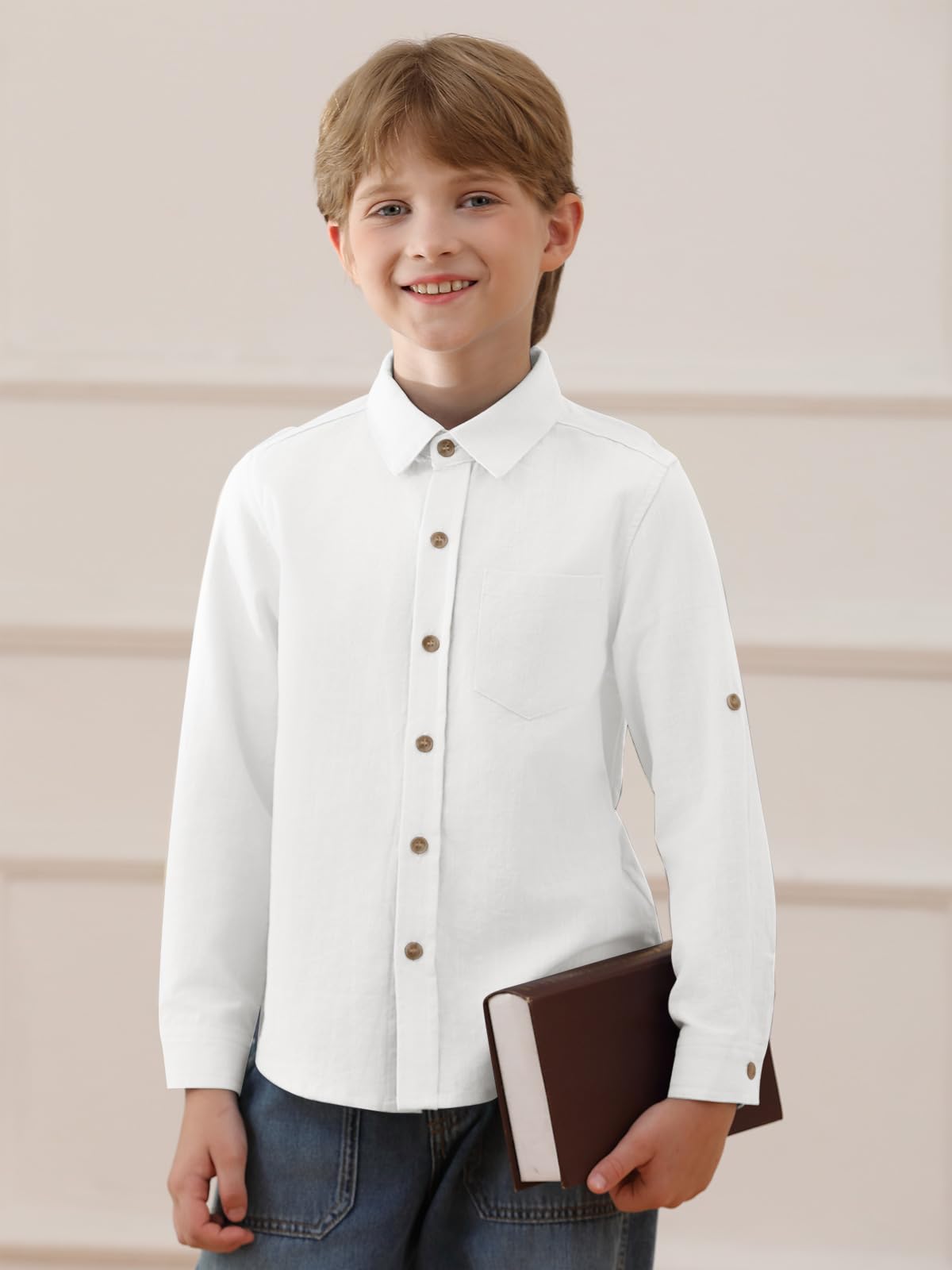 Haloumoning Camicia per bambini in lino con bottoni, a maniche lunghe, con tasca sul petto, 5-14 anni