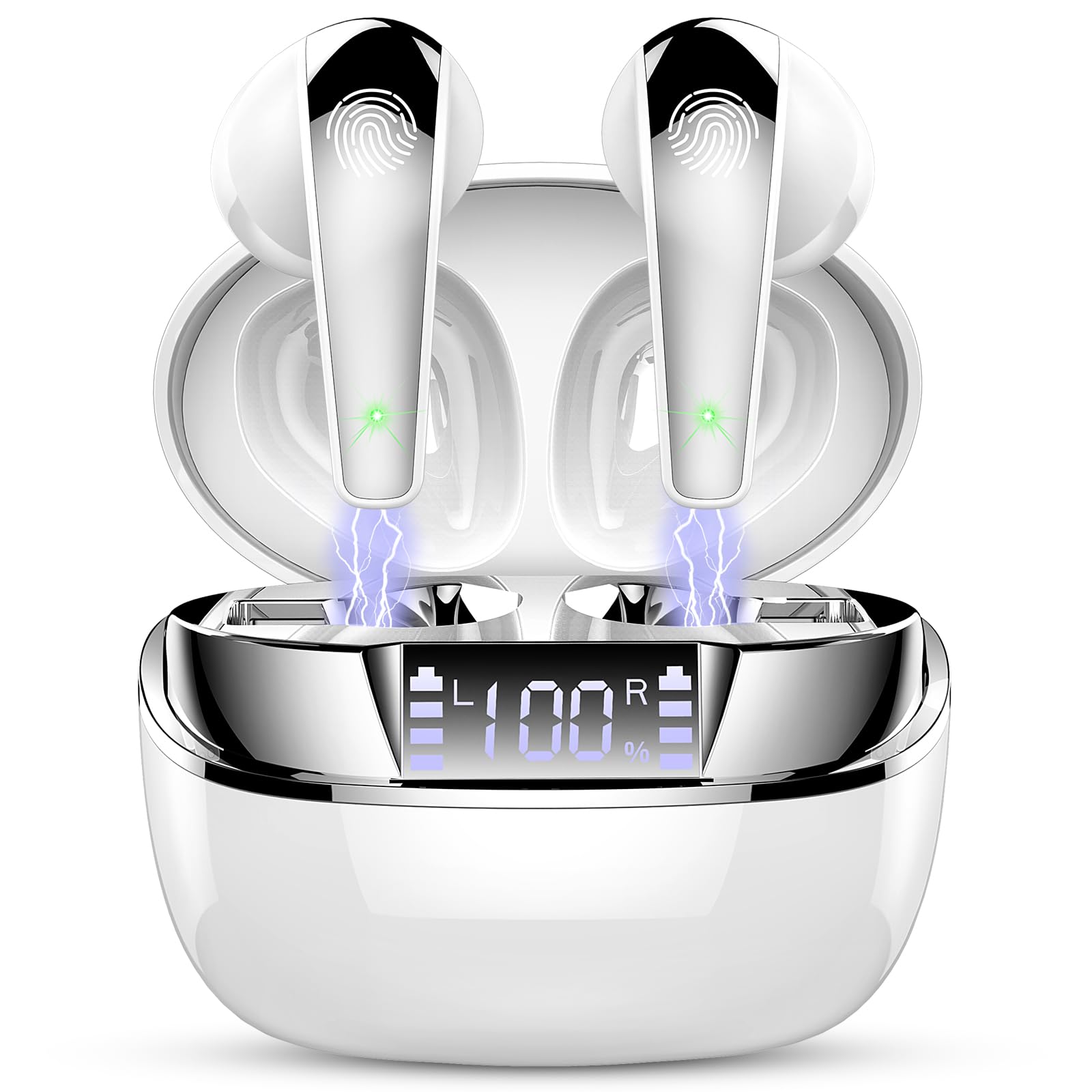 Cuffie Bluetooth, Auricolari Bluetooth 5.3, Cuffie Wireless in-ear Stereo HiFi con HD Mics, 35H Cuffiette Bluetooth Sport IP7 Impermeabile, cuffie Senza Fili LED Display, Earbuds Touch Control Bianco
