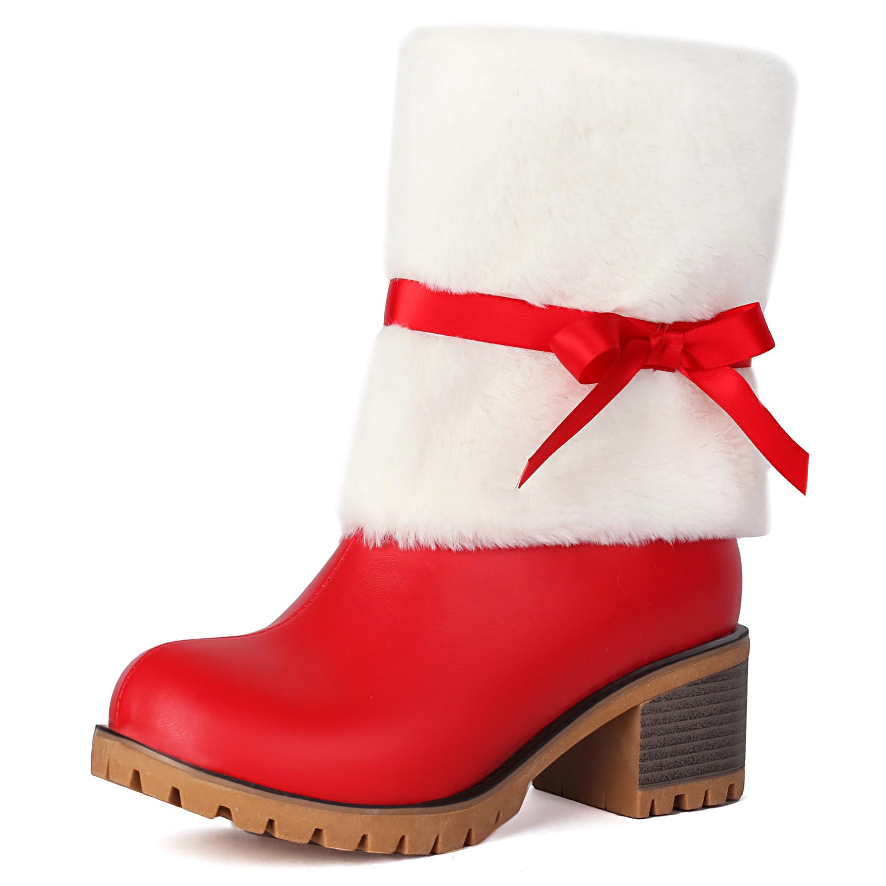 Betastella Womens Red Christmas Boots Faux Fur Snow Boots Chunky Heel Platform Ankle Boots Pull On Sweet Bow