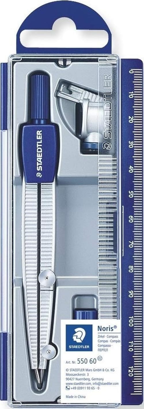 STAEDTLER 550 60 Noris School Compass with Universal Adapter, Lead Box and Spare Lead Part (300 mm Diameter) | Mechanical Pencil & Universal Adapter, Safety Tip - Case with Ruler - Art.-No. 550 60