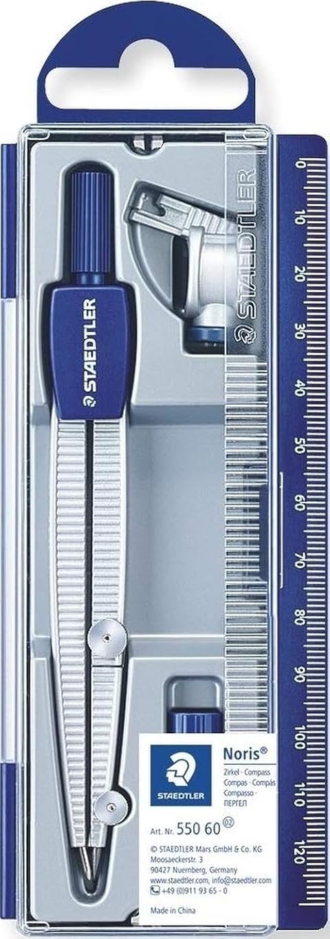 STAEDTLER Noris 550 Set compás escolar – Ø 30 cm, adaptador universal | Portaminas & adaptador universal, punta de seguridad – estuche con regla – Art.-Nr. 550 60