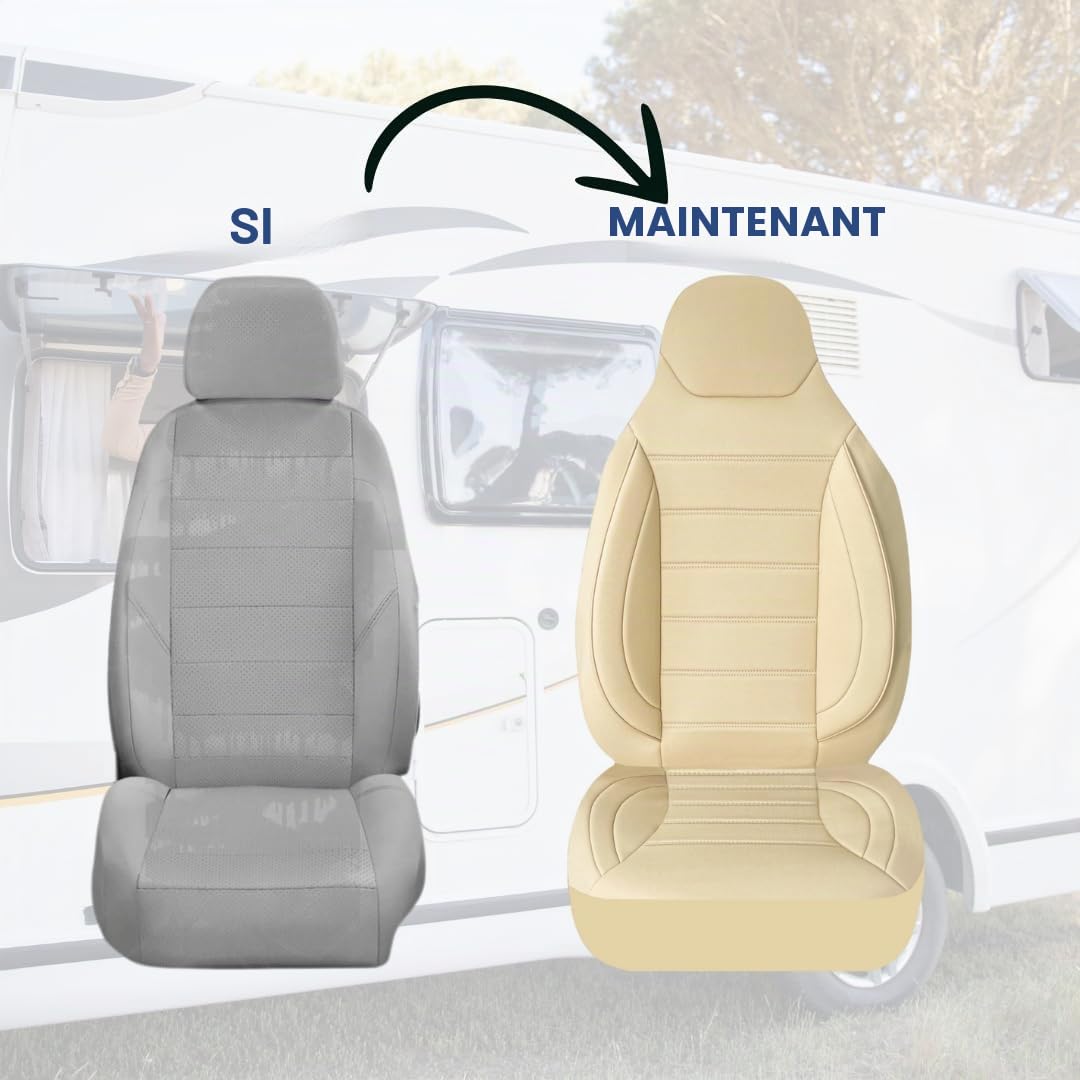 Lot de 2 housses de siège compatibles avec Fiat Ducato, camping-car, pour conducteur et passager, avec housses d'accoudoir, pour Pössl, Knaus, Adria, Carthago - Beige