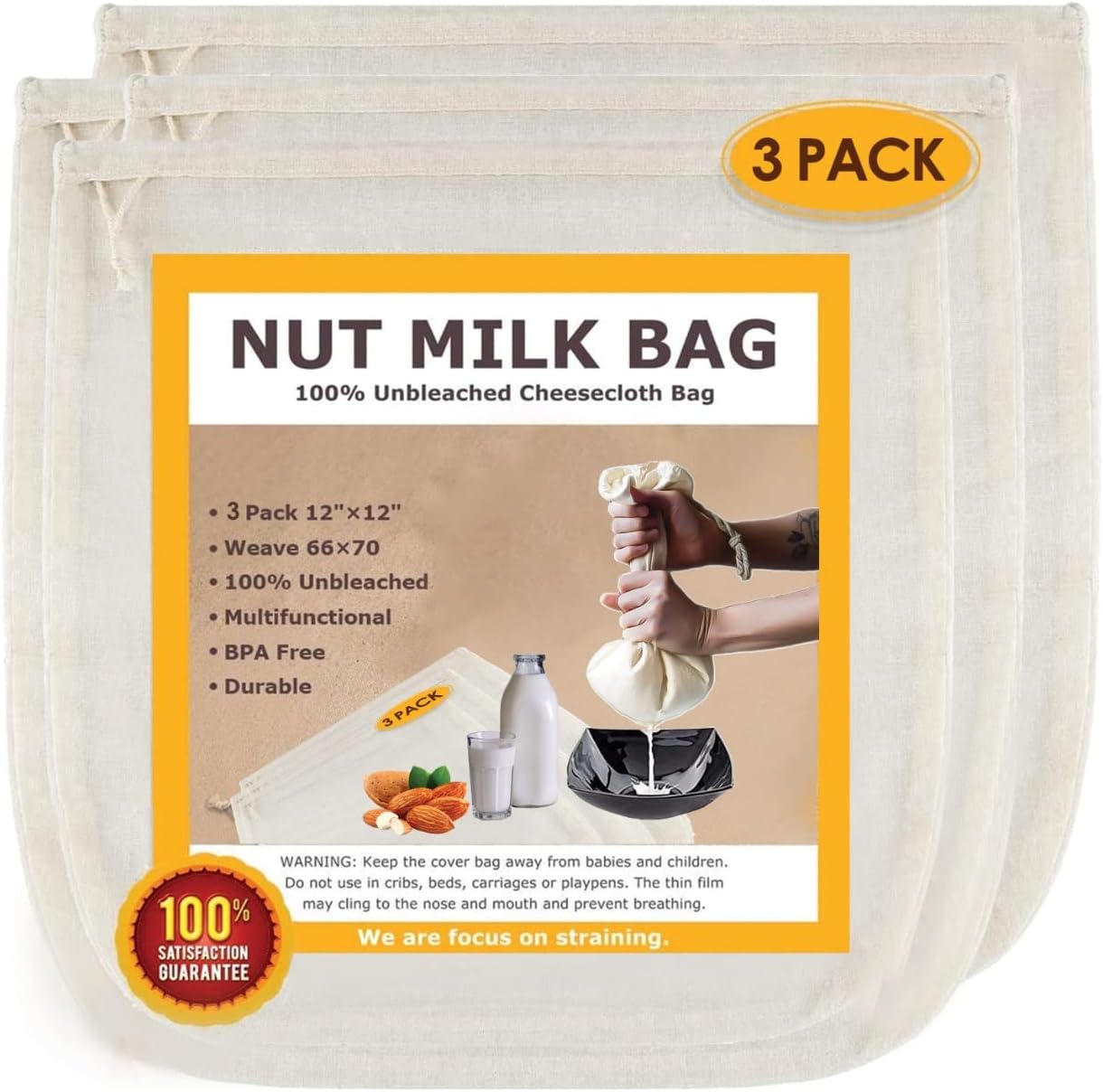 Cheesecloth Nut Milk Bag - Big Commercial Grade 100% Reusable Almond Milk Bag & All Purpose Food Strainer - Fine Mesh Cheesecloth bag, cold brew Coffee Filter and Panneer Maker (3 Pack-New sizes)
