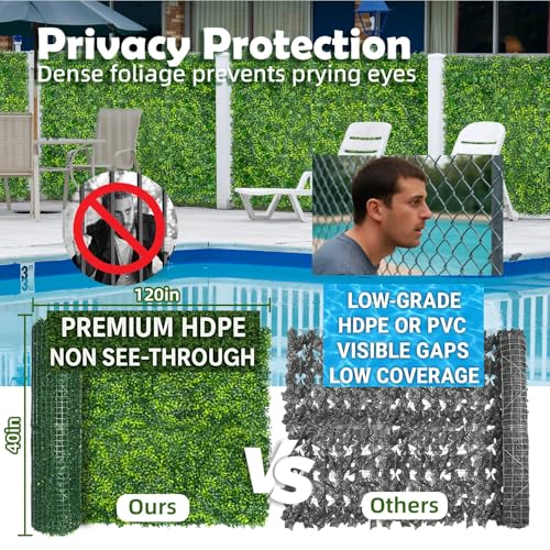 Artificial Boxwood Roll Grass Wall Panels, Greenery Outdoor 40"x120" (33.33 Sqft) UV-Anti Fake Ivy Privacy Fence Screen for Patio, Balcony, Garden, Backyard, and Fence Decor-Includes 5 PCS 79" Vines