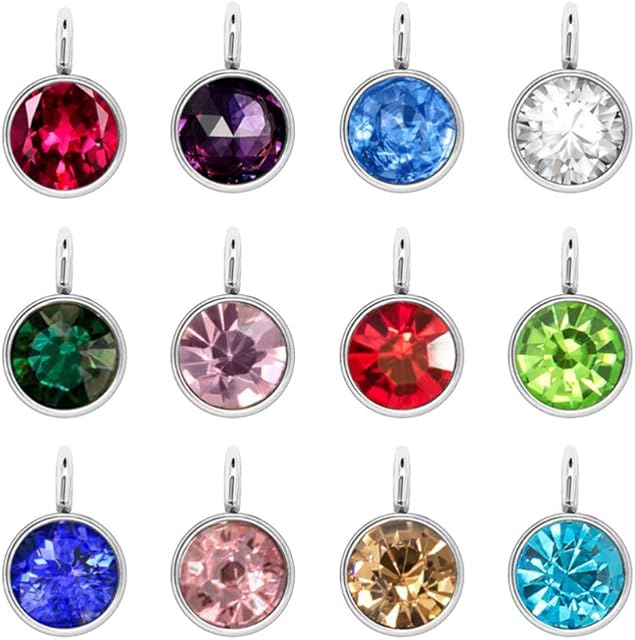 Healifty Birthstone Charms Silver Alloy Round Birthstone Dangle Pendants Beads for DIY Craft Necklace Bracelet Jewelry Making Findings 24pcs (Mixed Colors)