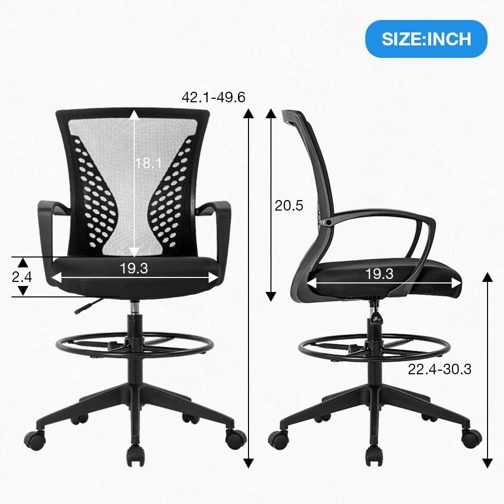Drafting Chair Tall Office Chair Standing Desk Chair Adjustable Height with Arms Foot Rest Back Support Rolling Swivel Desk Chair Mesh Drafting Stool for Adults (Black) : Office Products