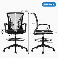 Vista 7 de Silla de dibujo alta de oficina, silla de escritorio de pie, altura ajustable con brazos, reposapiés, soporte para espalda, silla de escritorio