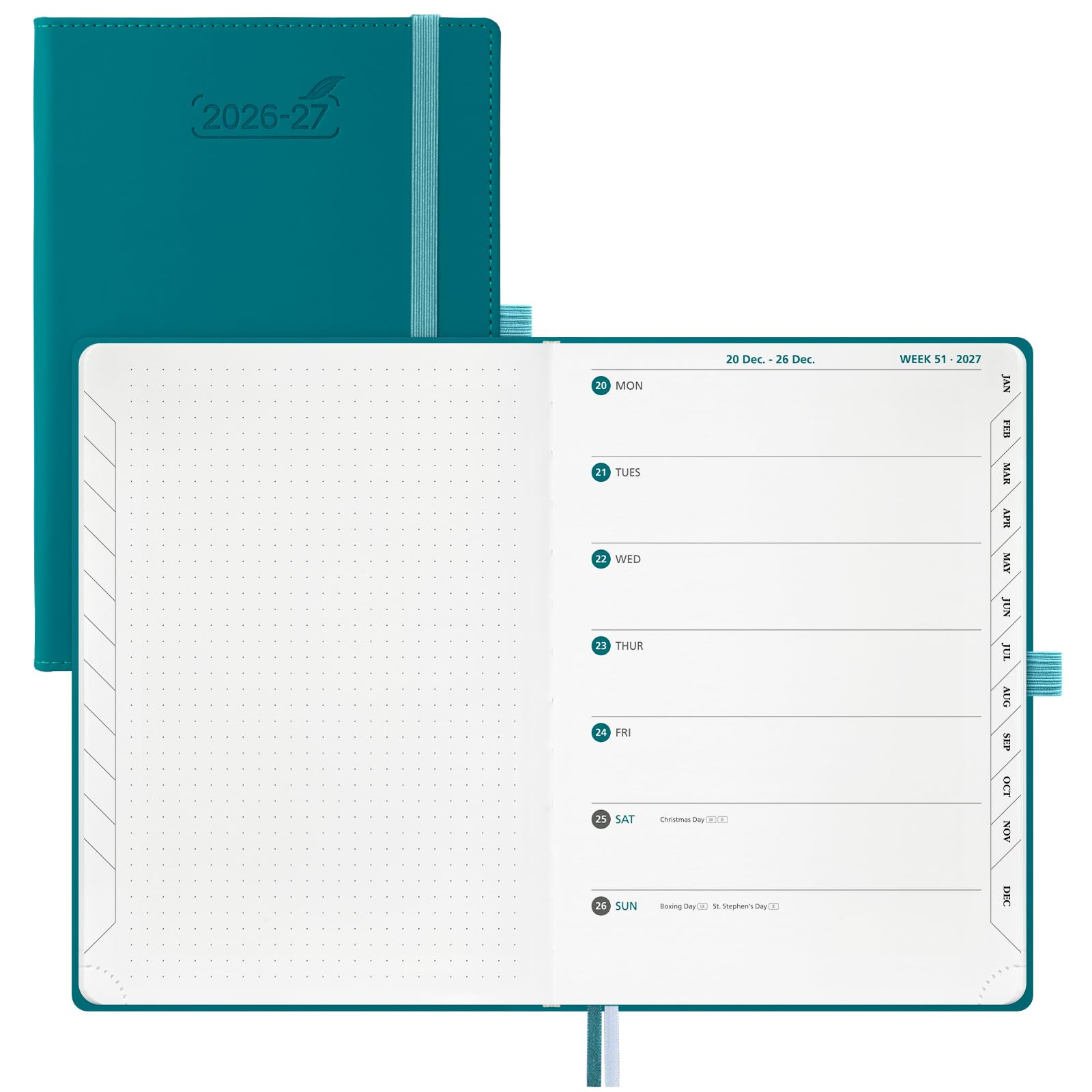 BEZEND A5 Academic Diary 2026-2027 Week to View with Note Pages (Jul 26-Dec 27) Equal Weekend. Weekly Planner Notebook with Monthly Tabs & 90 GSM Paper for Home School Office, Hardback, Teal