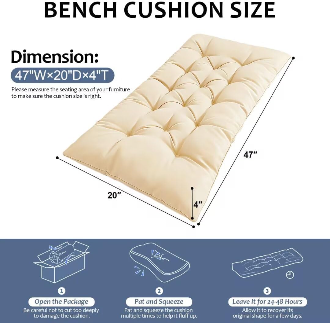 Outdoor Bench Cushion, Waterproof Seat Cushion for Outdoor/Indoor Furniture,Tufted Fade Resistant Bench Cushion for Patio Porch Swing Couch, 47"×20"×4",Beige