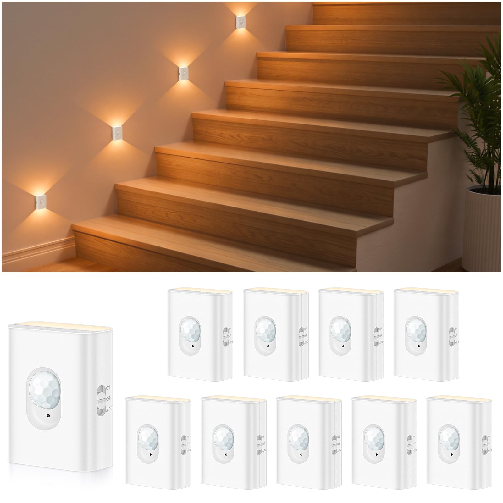 WILLED LED Nachtlicht mit Bewegungsmelder,Aufladbar Treppenlicht 10 Stück | Warmweiß Magnetisch Treppenbeleuchtung akku für Flur, Schlafzimmer, Badezimmer, Küche, Kleiderschrank