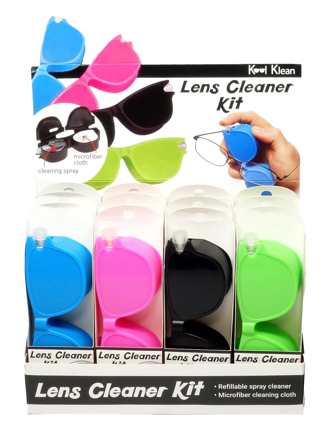Calabria Kool Klean - Juego de 12 limpiadores de lentes para gafas, color rosa, azul, verde, negro, 15 ml, paño de limpieza de microfibra