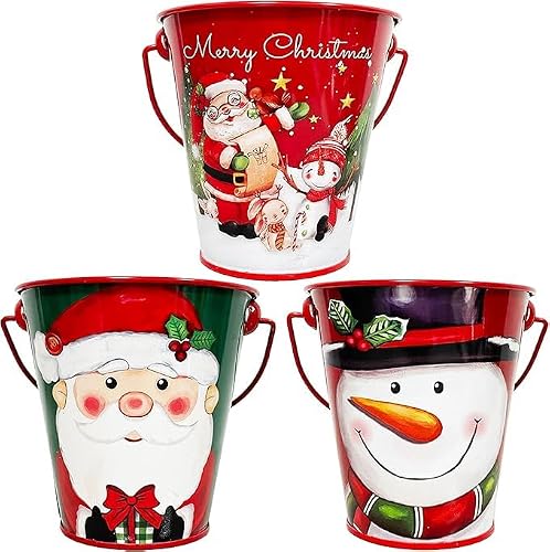 3 PCS Mini Christmas Decorative Buckets Winter Holiday Snowflake Bucket with Handle for Candy Snack and Small Plant-1