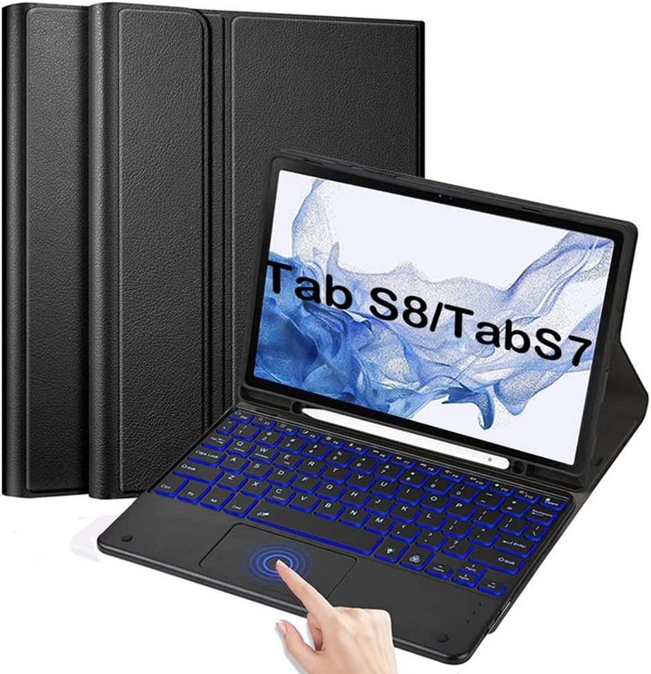 Backlit Touchpad Keyboard Case for Galaxy Tab S8 / S7 11 inch (SM-X700/X706/T870/T875/T876), [Supports S Pen Wireless Charging] Magnetically Detachable Wireless Bluetooth Keyboard, Black