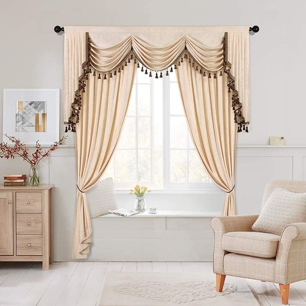 ELKCA Rod Pocket Beige Chenille Waterfall Valance(79") and Curtain (52"x84", 2 Panels)