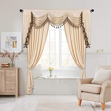 ELKCA Rod Pocket Beige Chenille Waterfall Valance79" and Curtain 52"x84", 2 Panels