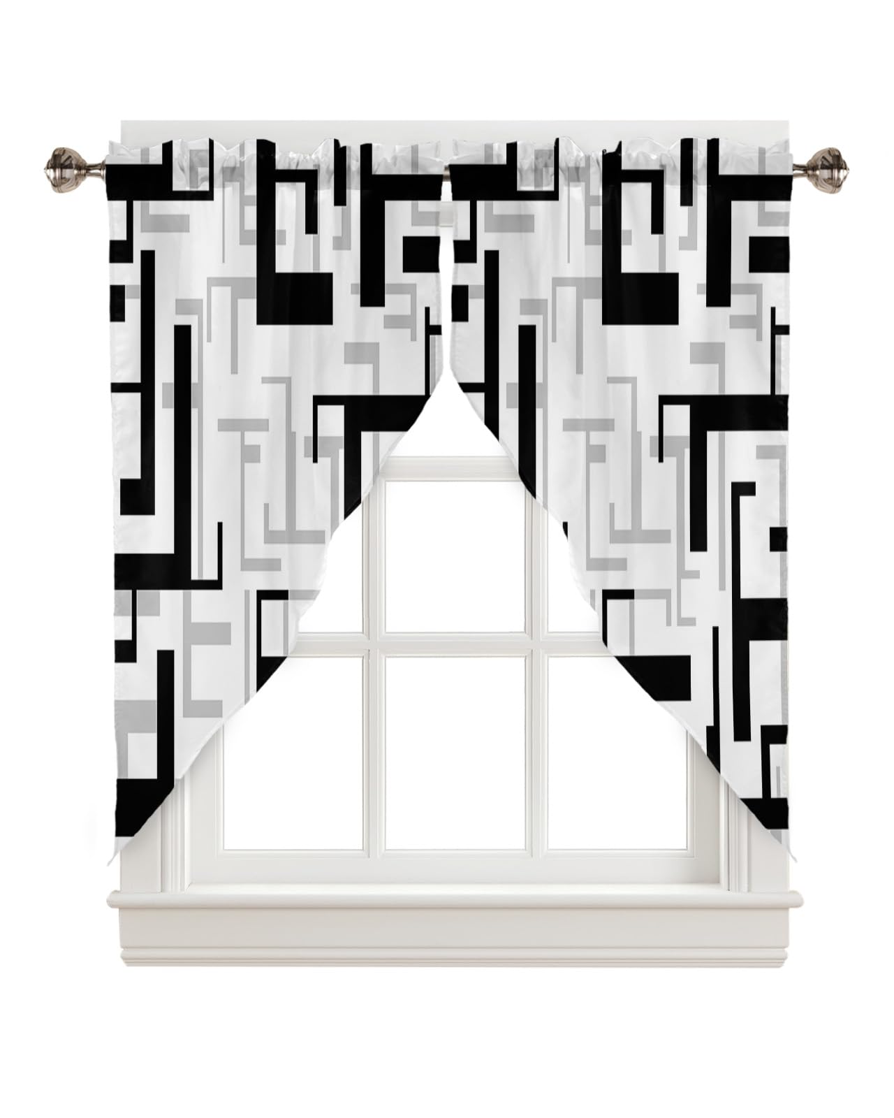 YOKOU Swag Curtain Valances, Modern Geometric Pattern Black Gray White Rod Pocket Short Window Swag Topper Curtains for Kitchen Bedroom Bathroom, 2 Panel, 36"x36"