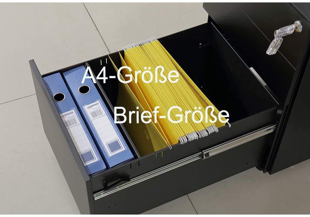 LWB020 Armoire de classement pré-montée - Caisson à roulettes avec mécanisme anti-basculement - Conteneur de bureau avec 3 tiroirs pour A4 - 50 cm L x 39 cm l x 60 cm H - Noir