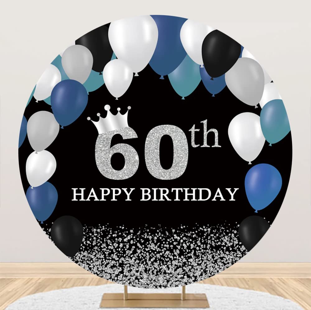 Durchmesser 2.3m Glückliche 60 Märchenhaft Runde Kulisse Blau und Weiß Ballons Triefend Diamant SchwarzSliverFotografie Hintergrund für Mann Frau 60 Annivesary Geburtstagsparty Dekoration