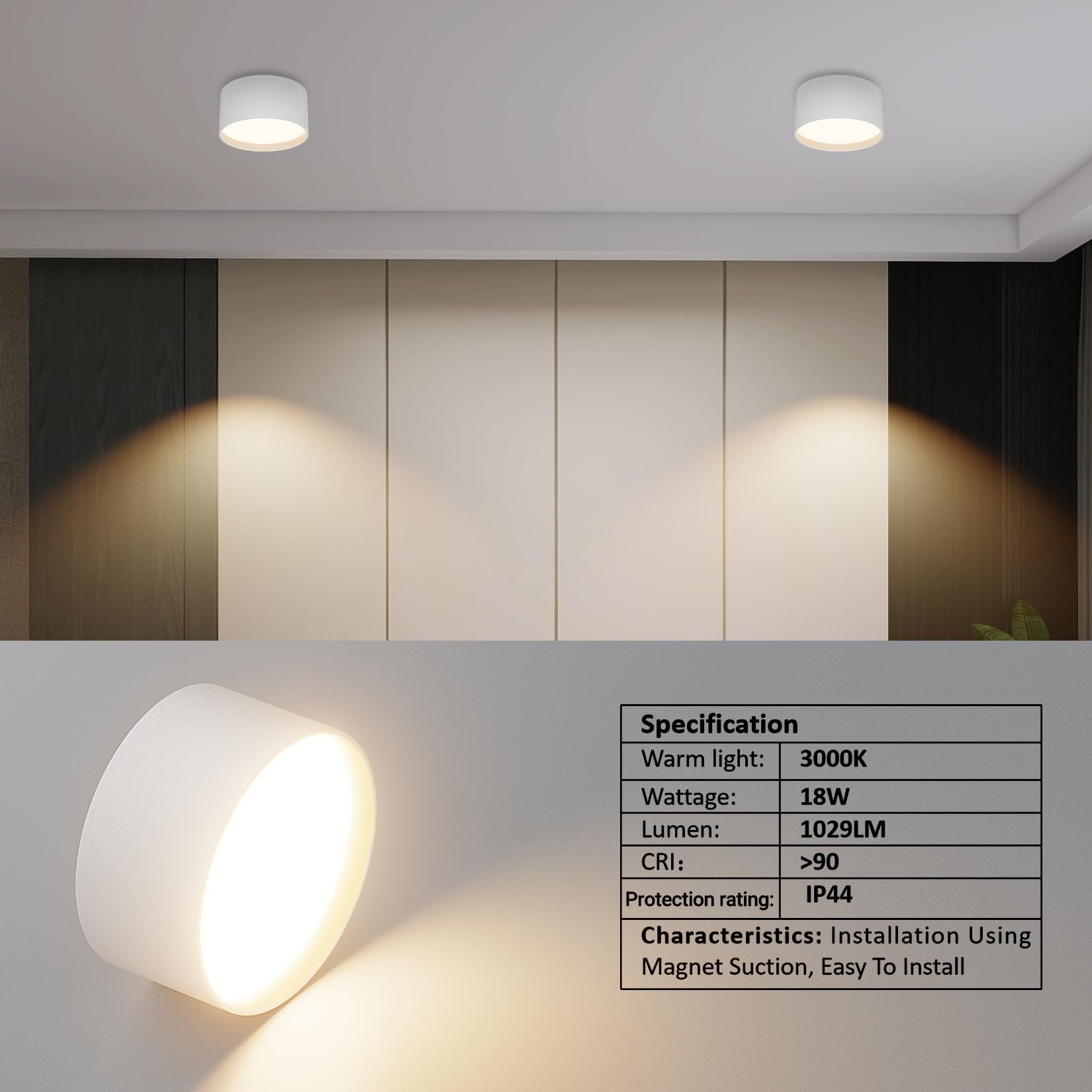 Klighten 18W LED Faretti da Soffitto Rotonda, Bianco Faretto da superficie, Plafoniera da Soffitto Moderna Bianco caldo 3000K, Lampada da soffitto Alluminio, IP44, 1029LM, 60X120mm