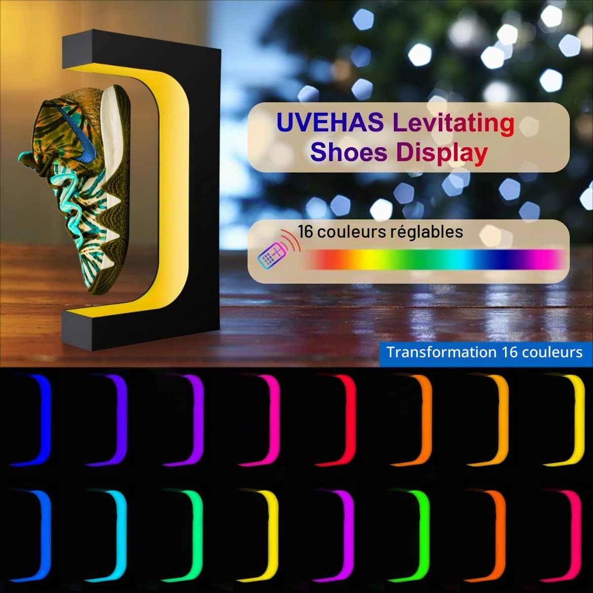 Présentoir de chaussures en lévitation, support flottant pour chaussures avec télécommande éclairage LED 16 couleurs, support magnétique rotatif pour chaussures en lévitation, décoration intérieure