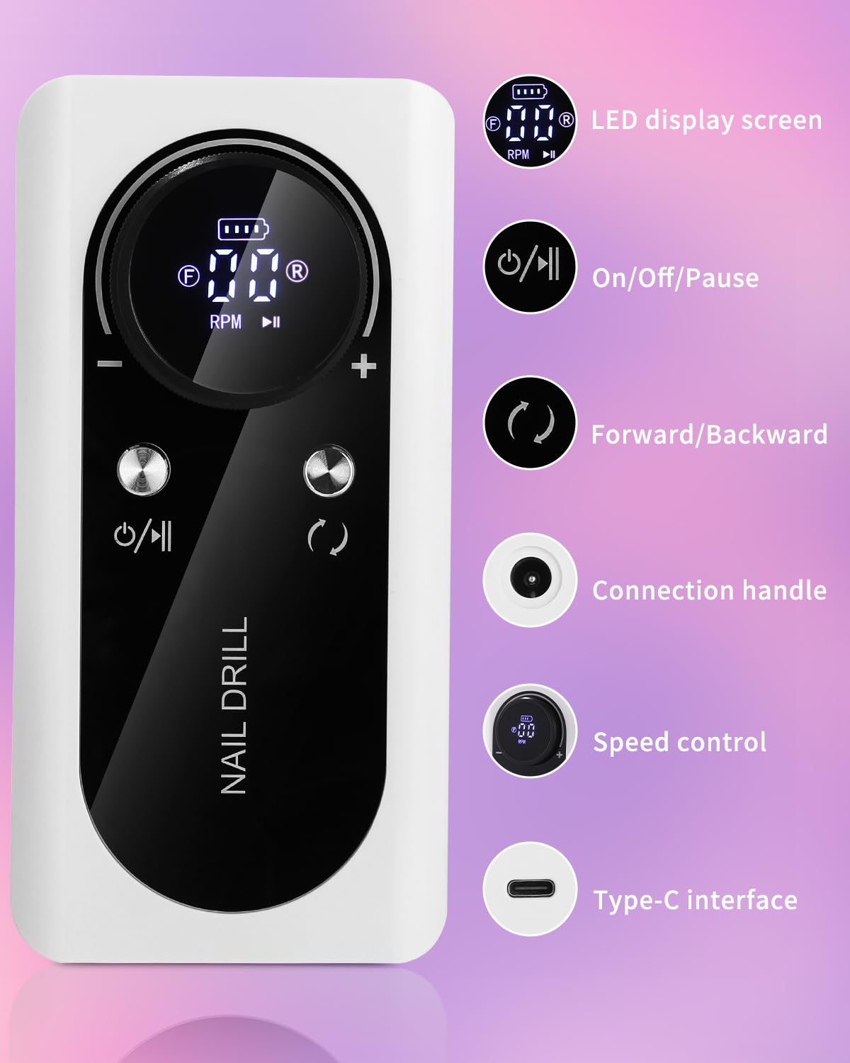 Ponceuse pour Ongles Professionnelle,45000 RPM Lime a Ongle Electrique Rechargeable,Machine Maucure Pédicure Portable,Ponceuse Ongle Avec LED Écran,pour Pédicure Manucure pour Salon/Maison