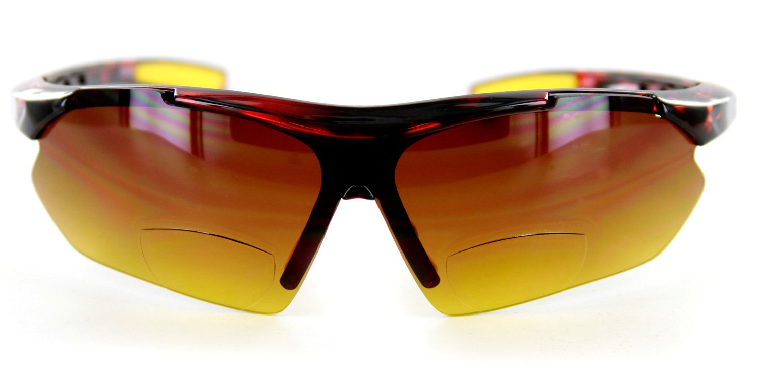 Daredevil Fashion Bifocal Sunglasses with Wrap-Around Sports Design and Anti-Glare Coating for Youthful and Active Men (Tortoise + Yellow w/ Amber +1.50)