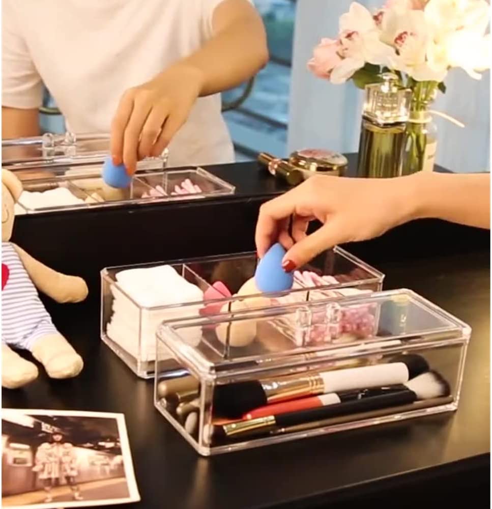 Snazzy Stackable Clear Plastic Organizer Drawers With Lid, 2 Piece Set, Organize Cosmetics and Beauty Supplies on a Vanity - Save Space Gadgets Jewelry Storage Box Display for Makeup 1