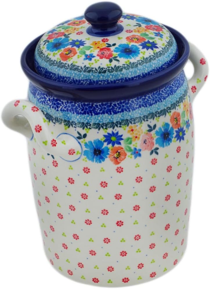 Polmedia Polish Pottery Jar with Lid and Handles UNIKAT - Wreath Of Life Pattern Handmade in Boleslawiec Poland by Ceramika Artystyczna + Certificate of Authenticity