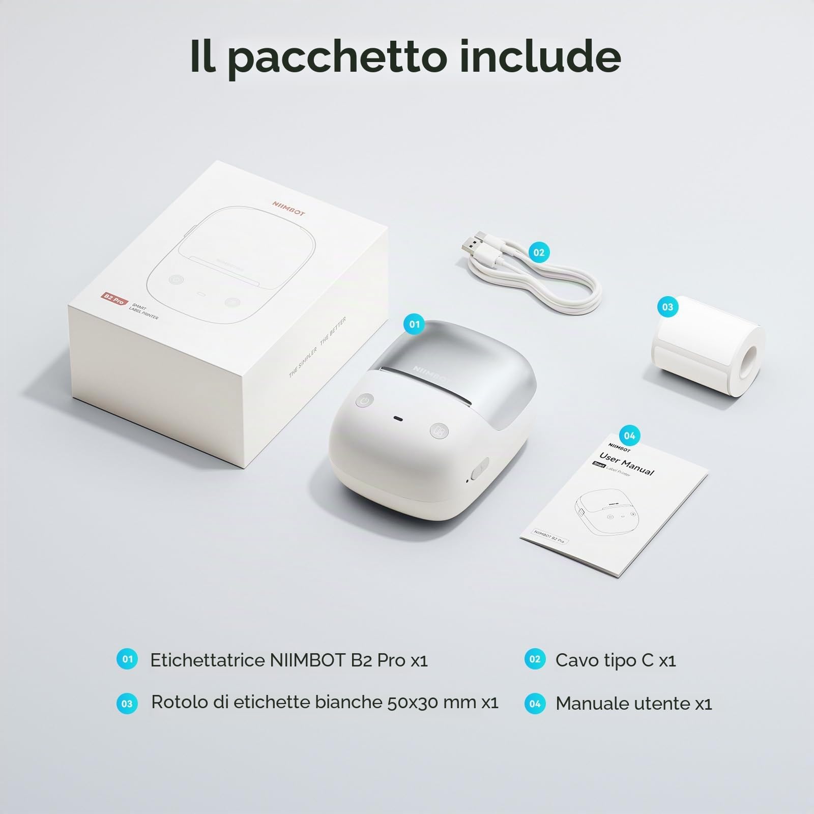 NIIMBOT Etichettatrice B2 Pro,Stampante per etichette HD 300DPI,Supporta la stampa offline,con etichette autoadesive impermeabili per le foto,Casa, Ufficio e Business Argento