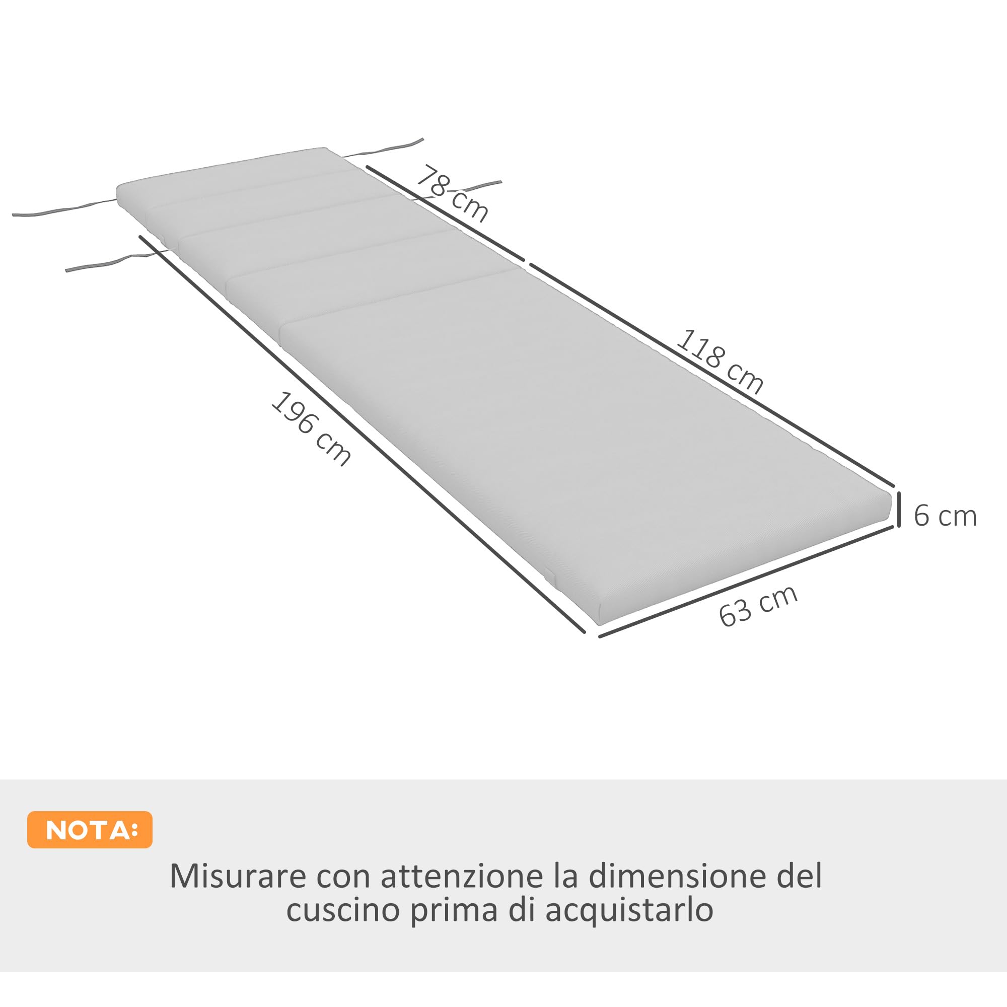 Outsunny Cuscino per Sdraio e Lettino Prendisole, Cuscino Imbottito con Poggiatesta e Lacci in Poliestere Resistente all'Acqua, Grigio Chiaro