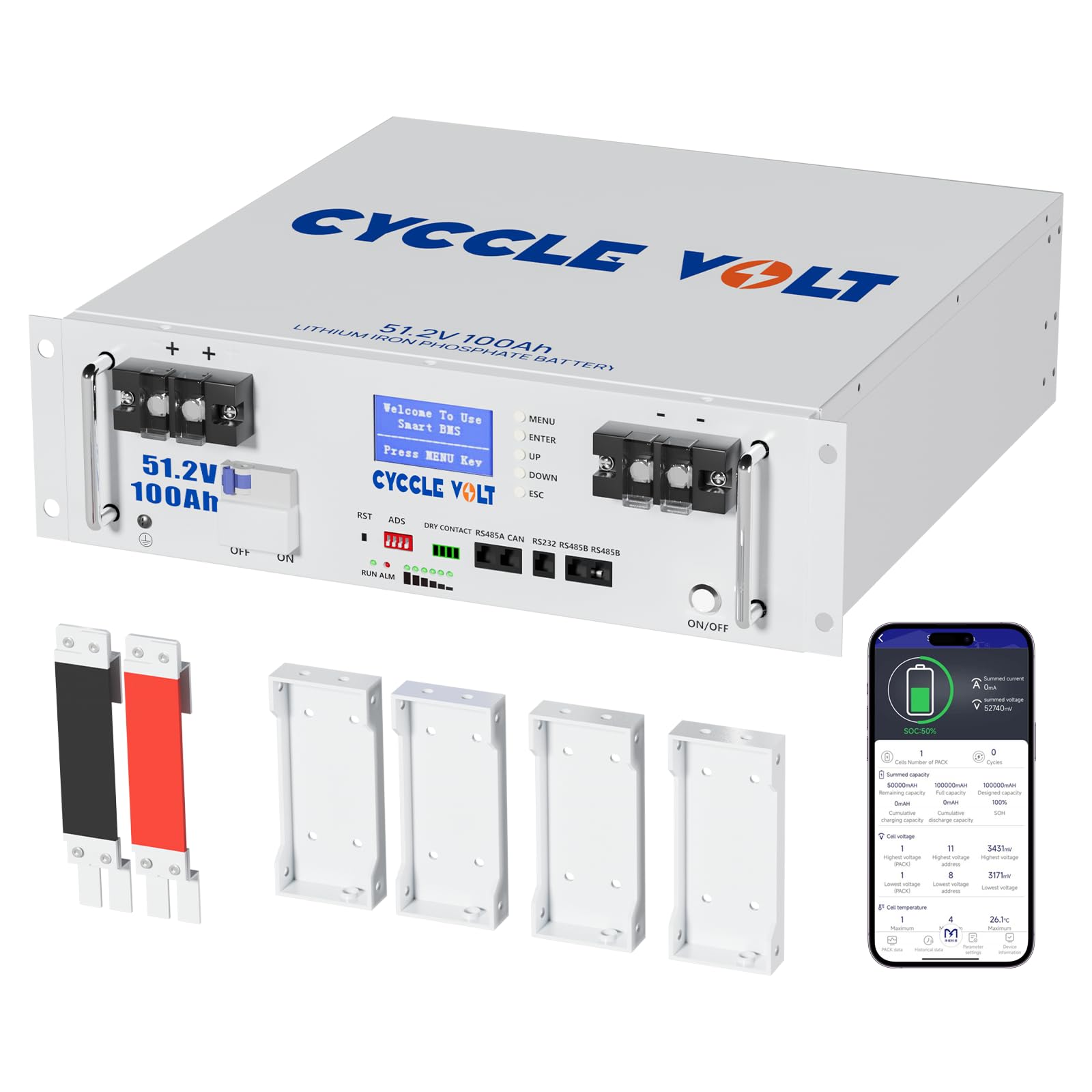 48V 100Ah LiFePO4 Lithium Battery with WiFi&Bluetooth, 5.12KWh LiFePO4 Server Rack Battery, APP Control, Large Screen, 3U Chassis, 8000+ Cycles, Perfect for RV, Solar, Off-Grid, Backup