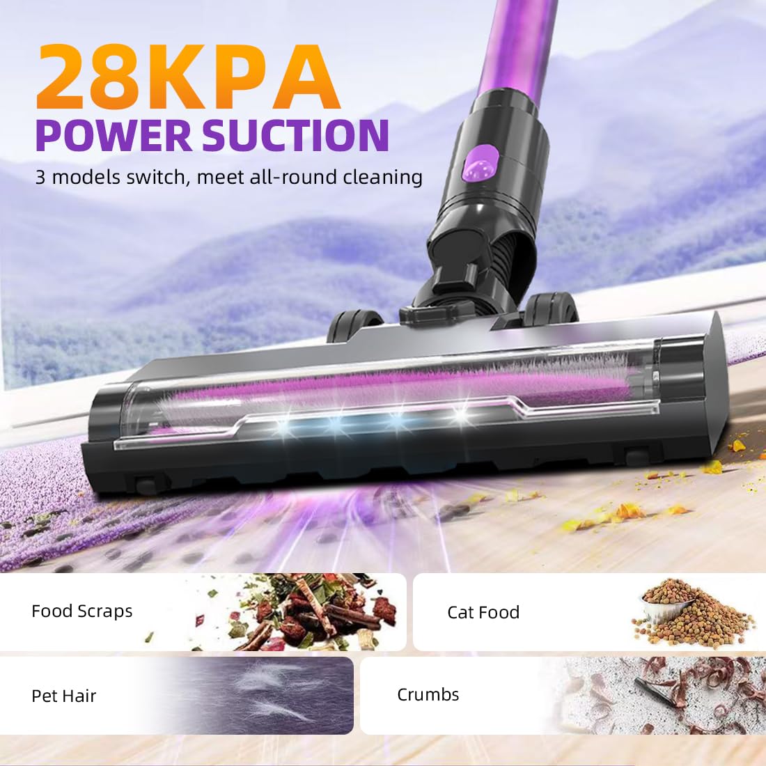 wanvieonet Cordless Vacuum Cleaner,28KPA Stick Vacuum with LED Display,3 Modes 6 in 1 Self-Standing Stick Vacuum Cordless Rechargeable,Handheld Vacuum for Pet Hair/Carpet/Floor/Car