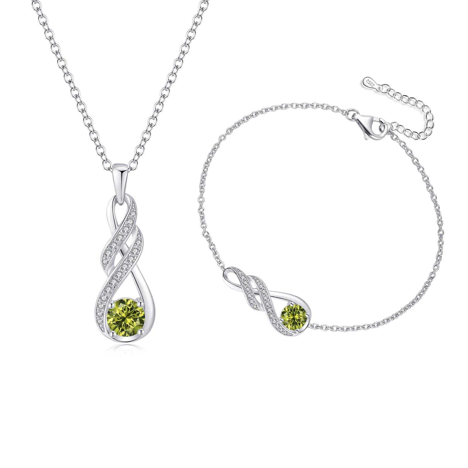 LOCIBLO Birthstone Jewelry Set 925 Sterling Silver White Gold Infinity Pendant Necklace Bracelet Anniversary Birthday Gifts for Women Girls Mom Daughter Her